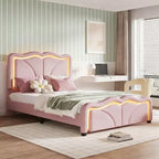 Luxystar PU Upholstered Platform Bed with Height-adjustbale Headboard for Kids? Room, Pink