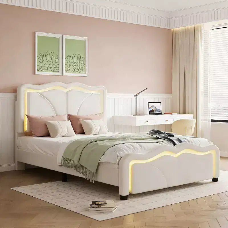 Letto a piattaforma imbottito in PU con testiera regolabile in altezza per la cameretta dei bambini, rosa