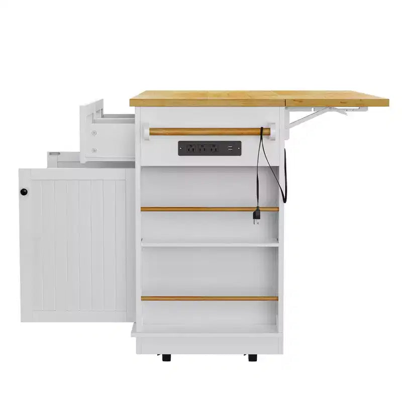 Isola da Cucina Grande da 48 Pollici con 5 Ruote e 2 Sgabelli da Bar, Presa di Corrente, Carrello Contenitore con Piano Pieghevole, Ripiani Laterali Aperti, 2 Cassetti, Bianco