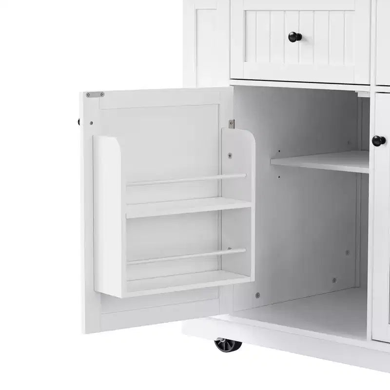 Isola da Cucina Grande da 48 Pollici con 5 Ruote e 2 Sgabelli da Bar, Presa di Corrente, Carrello Contenitore con Piano Pieghevole, Ripiani Laterali Aperti, 2 Cassetti, Bianco