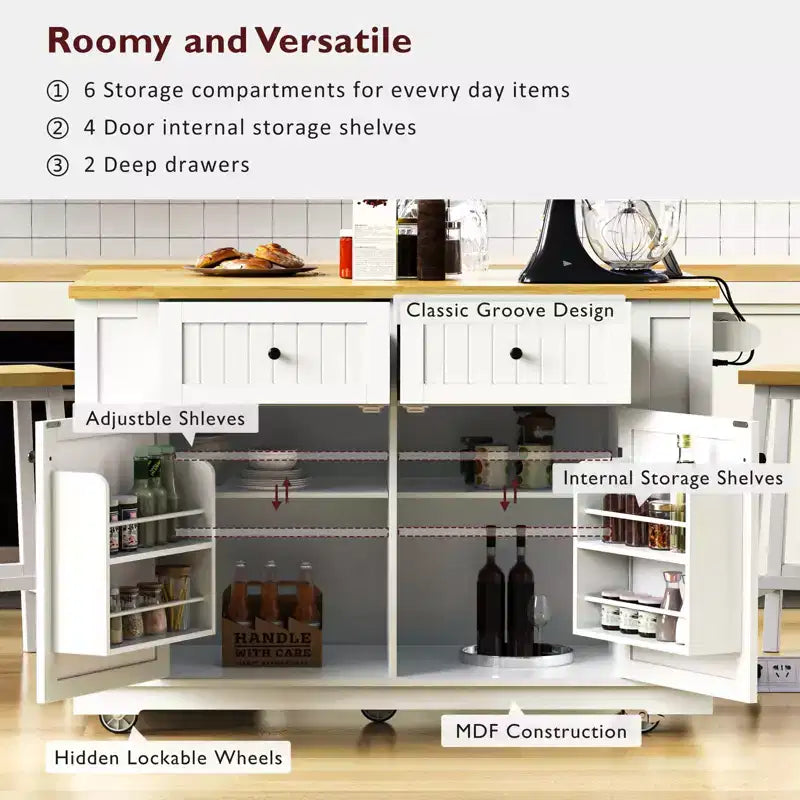 Isola da Cucina Grande da 48 Pollici con 5 Ruote e 2 Sgabelli da Bar, Presa di Corrente, Carrello Contenitore con Piano Pieghevole, Ripiani Laterali Aperti, 2 Cassetti, Bianco