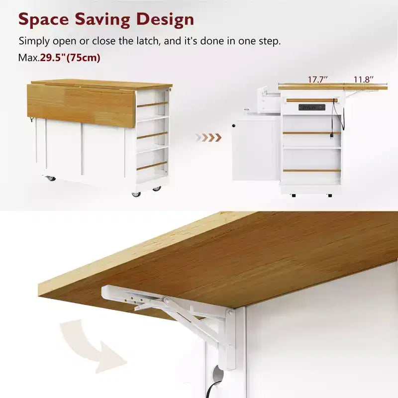 Isola da Cucina Grande da 48 Pollici con 5 Ruote e 2 Sgabelli da Bar, Presa di Corrente, Carrello Contenitore con Piano Pieghevole, Ripiani Laterali Aperti, 2 Cassetti, Bianco