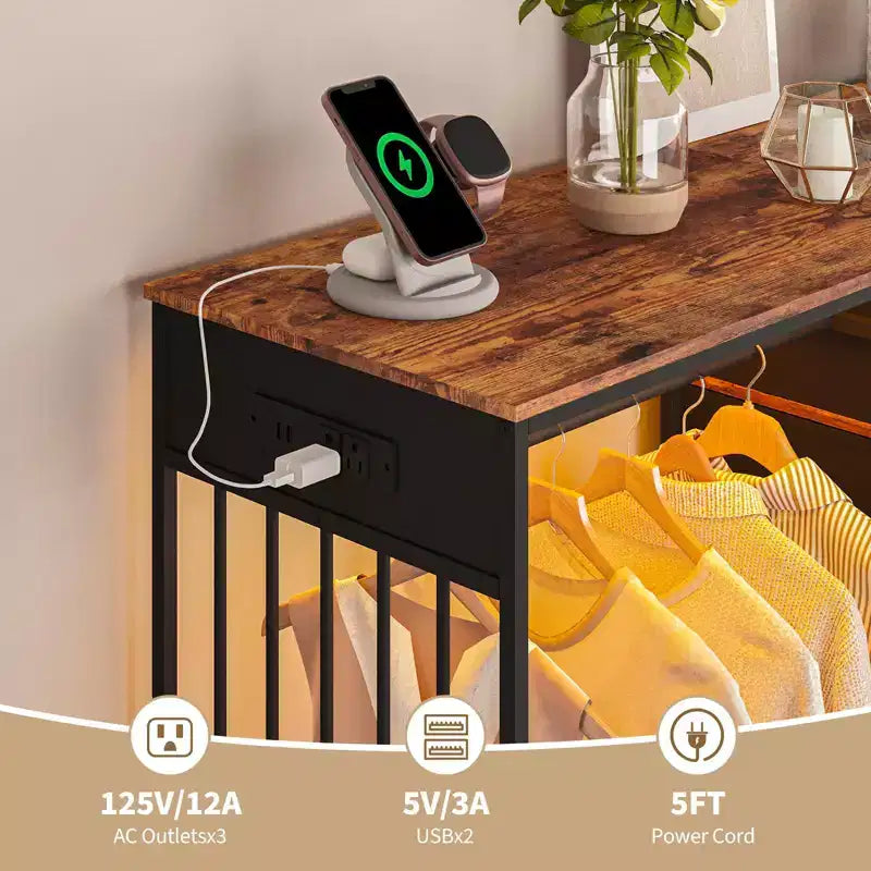 Cassettiera 49,2 w con Asta Appendino e Luci, Organizer per Armadio a 6 Cassetti con Stazione di Ricarica