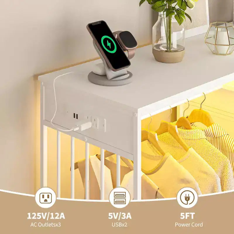 Cassettiera 49,2 w con Asta Appendino e Luci, Organizer per Armadio a 6 Cassetti con Stazione di Ricarica