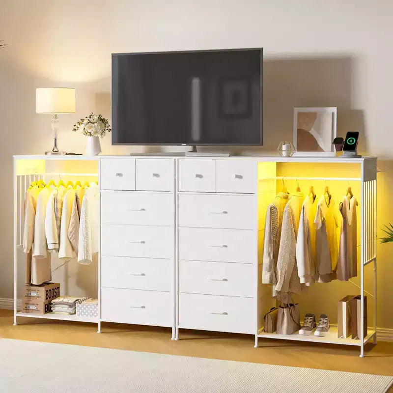 Cassettiera 49,2 w con Asta Appendino e Luci, Organizer per Armadio a 6 Cassetti con Stazione di Ricarica
