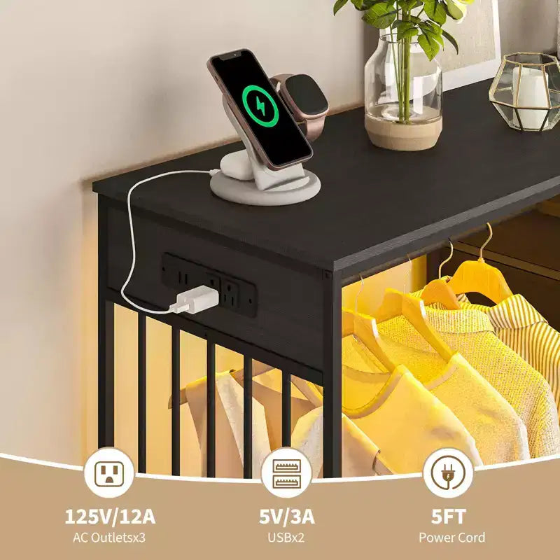 Cassettiera 49,2 w con Asta Appendino e Luci, Organizer per Armadio a 6 Cassetti con Stazione di Ricarica