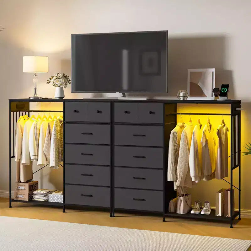 Cassettiera 49,2 w con Asta Appendino e Luci, Organizer per Armadio a 6 Cassetti con Stazione di Ricarica