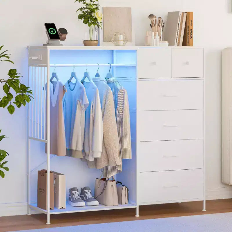Cassettiera 49,2 w con Asta Appendino e Luci, Organizer per Armadio a 6 Cassetti con Stazione di Ricarica