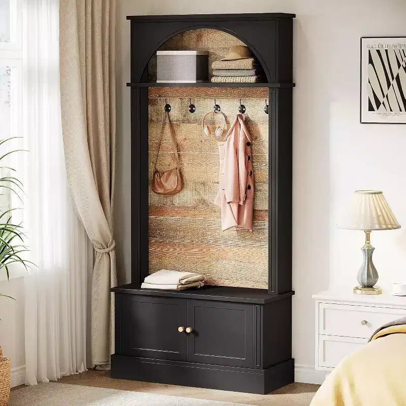 Appendiabiti da ingresso da 70,86 pollici con panca portaoggetti, panca da ingresso con design 4 in 1 con attaccapanni e 5 ganci per ingresso, corridoio, nero e marrone