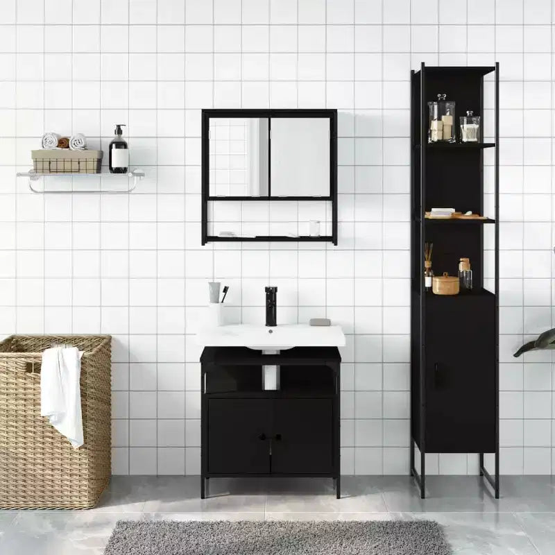 Set Mobili da Bagno con Mensola 3 pz Legno Multistrato Moderno Compatto