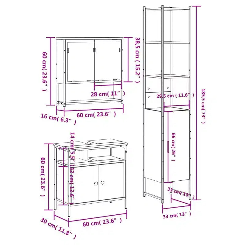Set Mobili da Bagno con Mensola 3 pz Legno Multistrato Moderno Compatto