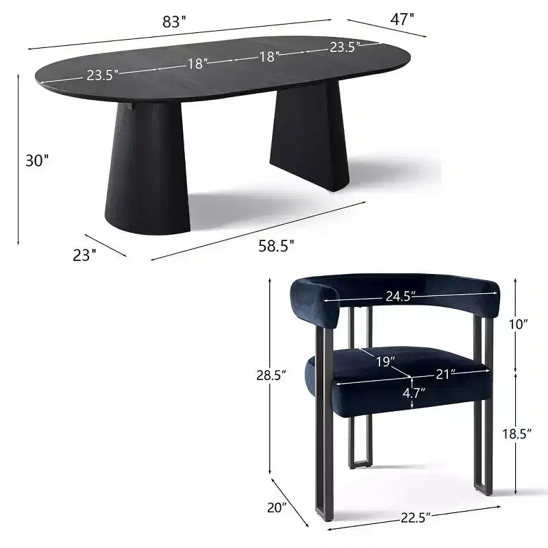 Set tavolo da pranzo allungabile da 47-83" per 8 persone, tavolo nero e 8 poltrone in velluto con eleganti gambe in metallo, ideale per riunioni