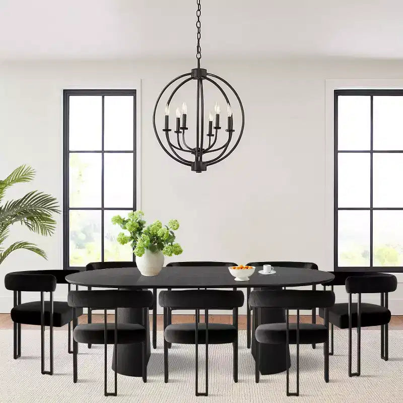 Set tavolo da pranzo allungabile da 47-83" per 8 persone, tavolo nero e 8 poltrone in velluto con eleganti gambe in metallo, ideale per riunioni