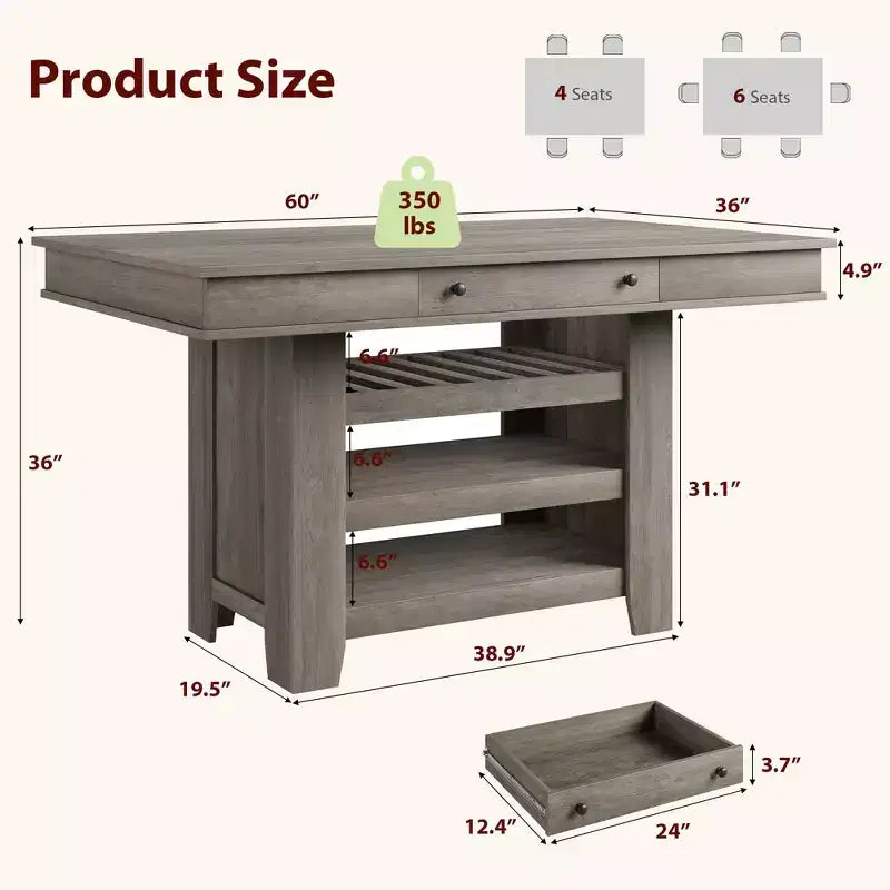 Tavolo da pranzo in legno altezza bancone da 60 per 4-6 persone, isola da cucina con portabottiglie e 2 cassetti, tavolo fisso a 4 ripiani per sala da pranzo e cucina