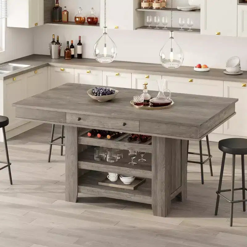 Tavolo da pranzo in legno altezza bancone da 60 per 4-6 persone, isola da cucina con portabottiglie e 2 cassetti, tavolo fisso a 4 ripiani per sala da pranzo e cucina