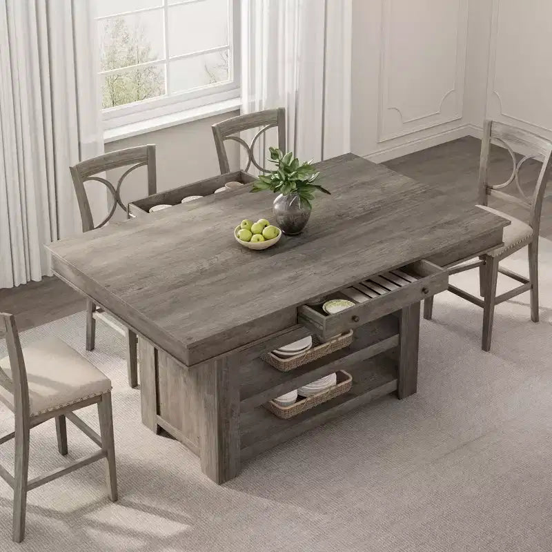 Tavolo da pranzo in legno altezza bancone da 60 per 4-6 persone, isola da cucina con portabottiglie e 2 cassetti, tavolo fisso a 4 ripiani per sala da pranzo e cucina