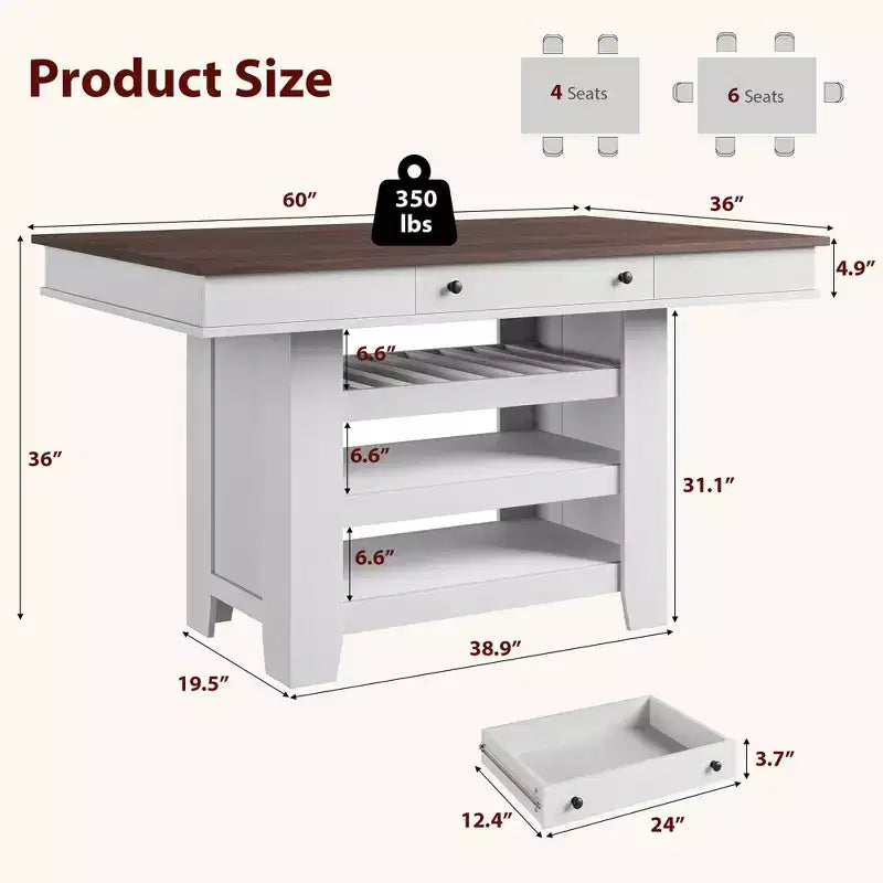 Table à manger en bois hauteur comptoir 60'' pour 4-6 personnes, îlot de cuisine avec casier à vin et 2 tiroirs, table de desserte à 4 niveaux pour salle à manger et cuisine