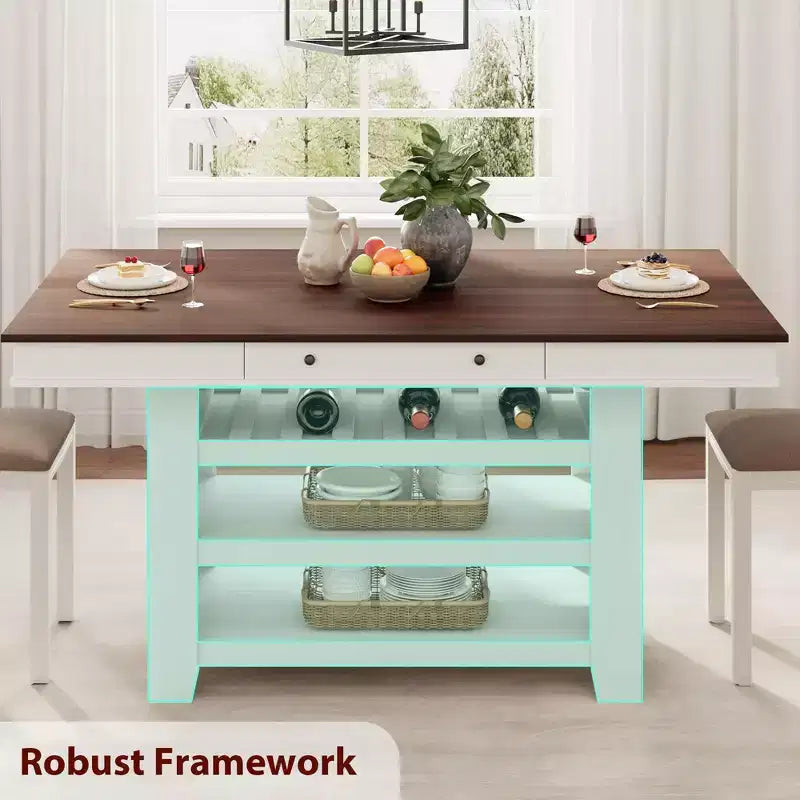 Table à manger en bois hauteur comptoir 60'' pour 4-6 personnes, îlot de cuisine avec casier à vin et 2 tiroirs, table de desserte à 4 niveaux pour salle à manger et cuisine