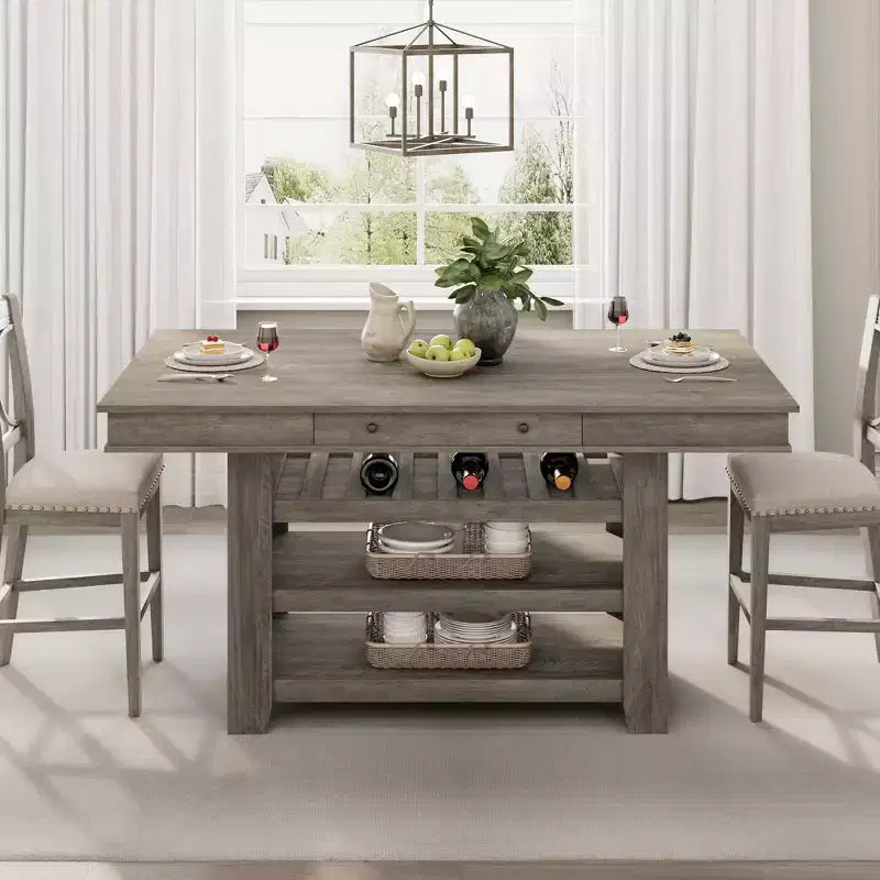 Table à manger en bois hauteur comptoir 60'' pour 4-6 personnes, îlot de cuisine avec casier à vin et 2 tiroirs, table de desserte à 4 niveaux pour salle à manger et cuisine