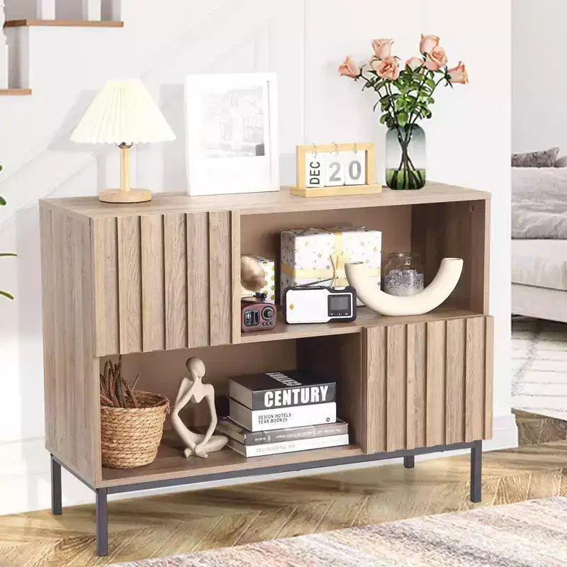 Tavolo da Ingresso, Consolle Rustica in Legno con Ripiani e Gambe in Metallo, Credenza Contenitore per Soggiorno Sala da Pranzo