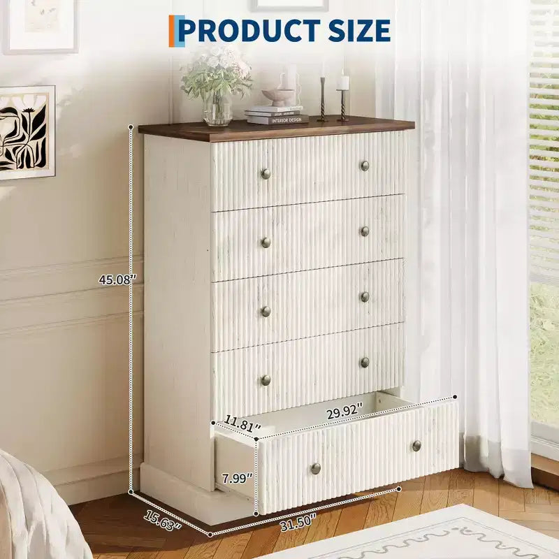Comò alto a 5 cassetti scanalato, Cassettiera verticale in legno con maniglie in metallo, Armadietto salvaspazio per camera da letto, appartamento, camera degli ospiti
