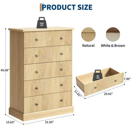 Comò alto a 5 cassetti scanalato, Cassettiera verticale in legno con maniglie in metallo, Armadietto salvaspazio per camera da letto, appartamento, camera degli ospiti