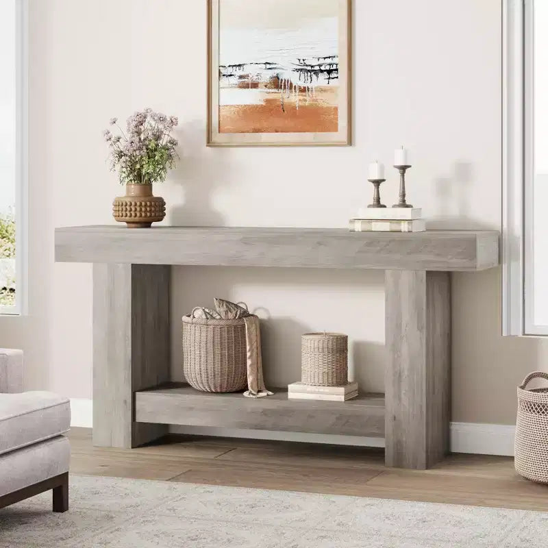 Console da Ingresso, Tavolo da Ingresso a 2 Livelli in Stile Rustico, Tavolo Lungo da Divano Accentato Dietro il Divano con Spazio di Archiviazione Aperto per Ingresso, Soggiorno, 63