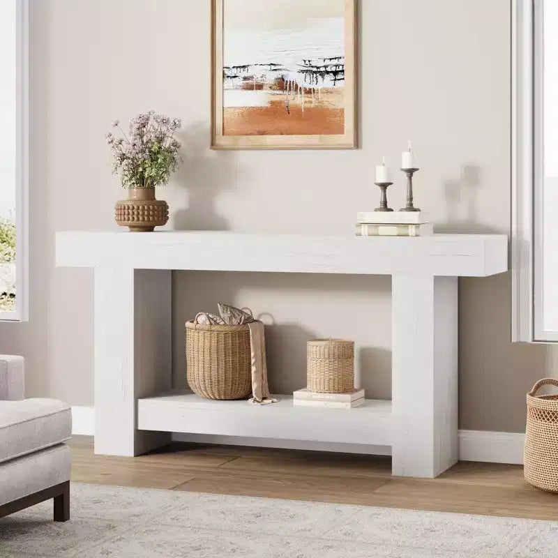 Console da Ingresso, Tavolo da Ingresso a 2 Livelli in Stile Rustico, Tavolo Lungo da Divano Accentato Dietro il Divano con Spazio di Archiviazione Aperto per Ingresso, Soggiorno, 63