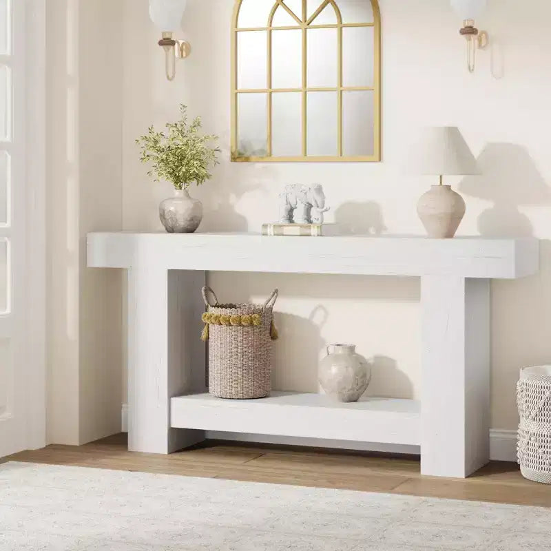Console da Ingresso, Tavolo da Ingresso a 2 Livelli in Stile Rustico, Tavolo Lungo da Divano Accentato Dietro il Divano con Spazio di Archiviazione Aperto per Ingresso, Soggiorno, 63