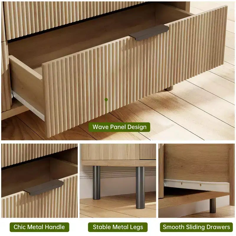Commode 5 tiroirs Natural Wave pour chambre à coucher, commode moderne en bois avec dispositif anti-basculement et pieds en métal pour couloir et entrée