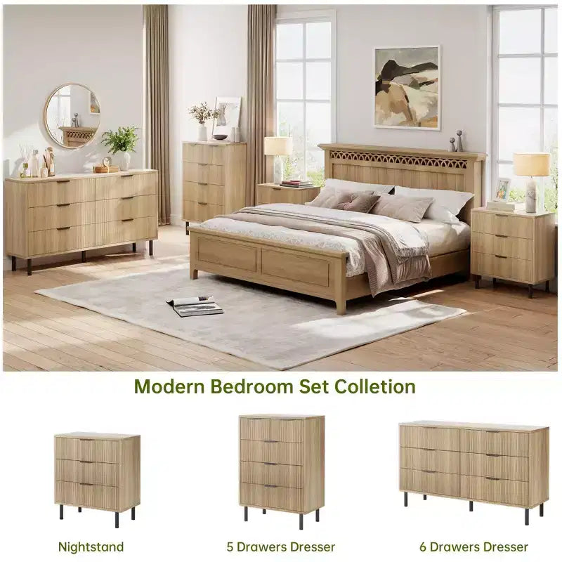 Cassettiera Natural Wave a 5 cassetti per camera da letto, cassettiera moderna in legno con dispositivo antiribaltamento e gambe in metallo per ingresso/corridoio