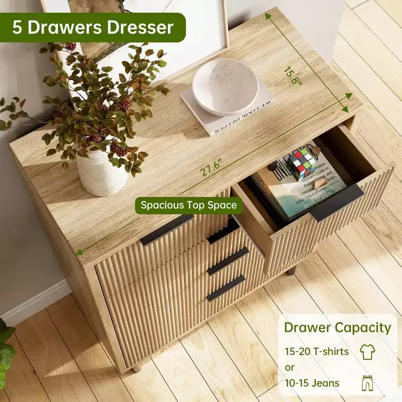Cassettiera Natural Wave a 5 cassetti per camera da letto, cassettiera moderna in legno con dispositivo antiribaltamento e gambe in metallo per ingresso/corridoio