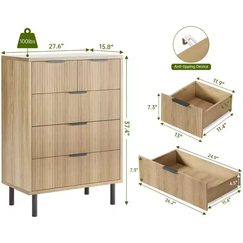 Cassettiera Natural Wave a 5 cassetti per camera da letto, cassettiera moderna in legno con dispositivo antiribaltamento e gambe in metallo per ingresso/corridoio