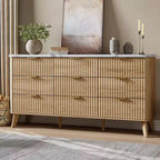 Cassettiera a 9 cassetti per camera da letto, cassettiere larghe 154 cm con profilo curvo, cassetti in legno scanalato, cassettiera moderna per soggiorno