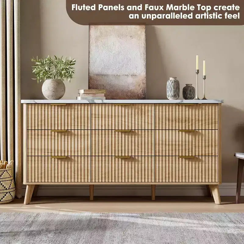 Cassettiera a 9 cassetti per camera da letto, cassettiere larghe 154 cm con profilo curvo, cassetti in legno scanalato, cassettiera moderna per soggiorno