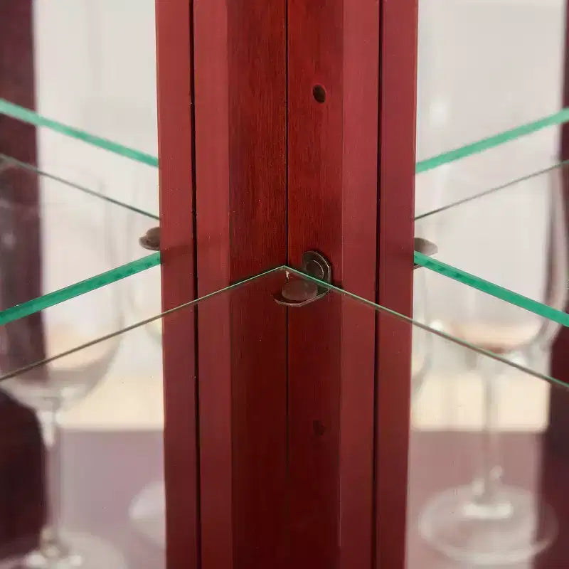 Vetrinetta angolare con luce, ripiani in vetro regolabili e decorazione perlata per esporre oggetti da collezione
