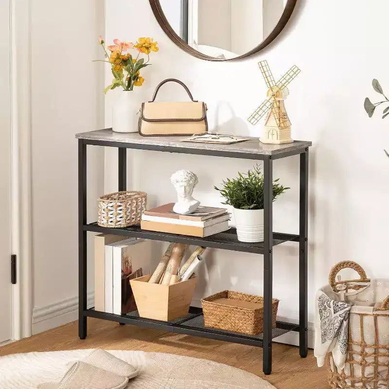 ACOINEL 29.5 Table console étroite, Table d'entrée/de bout de canapé à 3 niveaux avec étagères de rangement, Table de présentation fine Greige et Noir