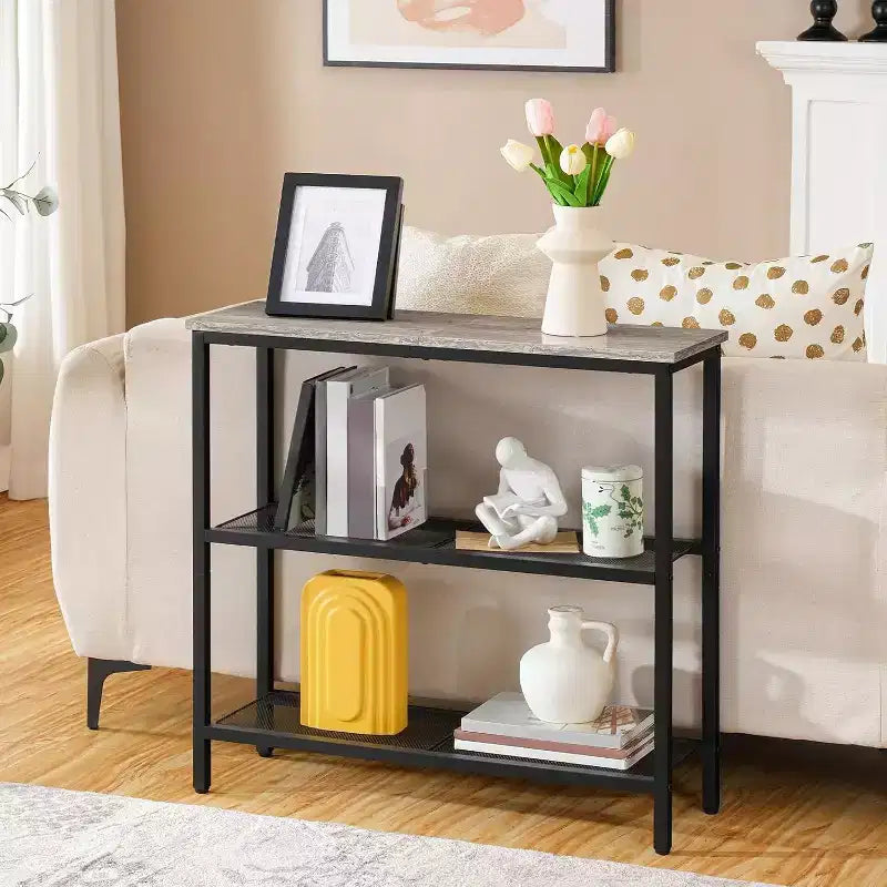 ACOINEL 29.5 Table console étroite, Table d'entrée/de bout de canapé à 3 niveaux avec étagères de rangement, Table de présentation fine Greige et Noir