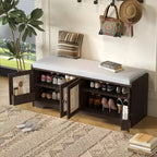 Panca da ingresso rustica in rattan da 47 pollici con contenitore, panca porta scarpe da ingresso con cuscino rimovibile per corridoio o soggiorno-Panipeachy