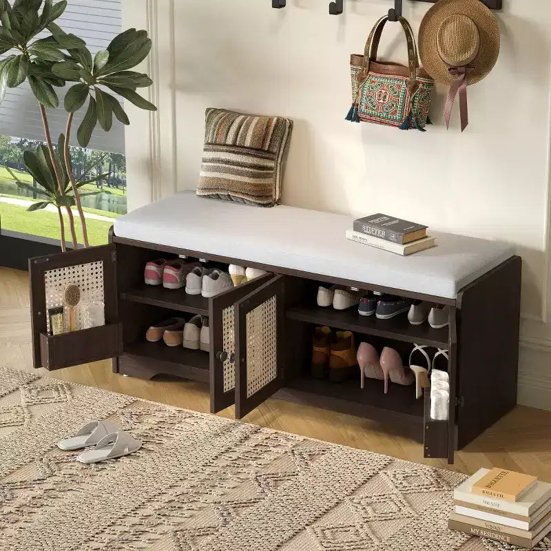 Banc d'entrée rustique en rotin avec rangement, banc à chaussures d'entrée avec coussin amovible pour couloir ou salon-Panipeachy