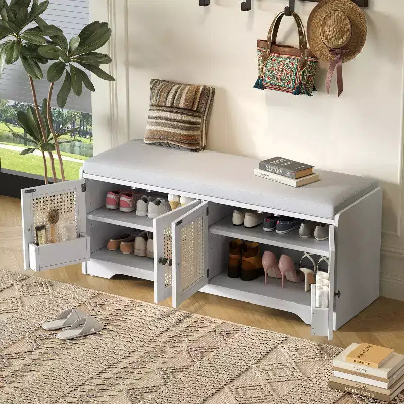 Panca da ingresso rustica in rattan da 47 pollici con contenitore, panca porta scarpe da ingresso con cuscino rimovibile per corridoio o soggiorno-Panipeachy