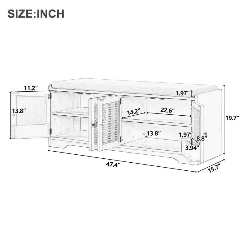 Panca da ingresso rustica in rattan da 47 pollici con contenitore, panca porta scarpe da ingresso con cuscino rimovibile per corridoio o soggiorno-Panipeachy