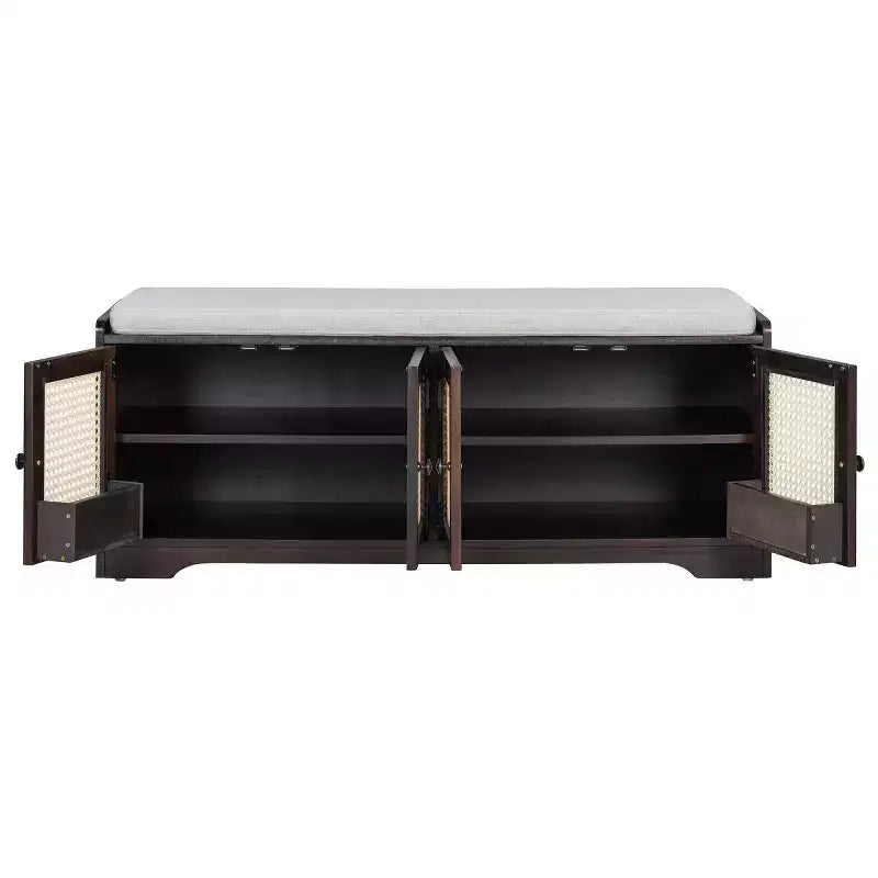 Banc d'entrée rustique en rotin avec rangement, banc à chaussures d'entrée avec coussin amovible pour couloir ou salon-Panipeachy