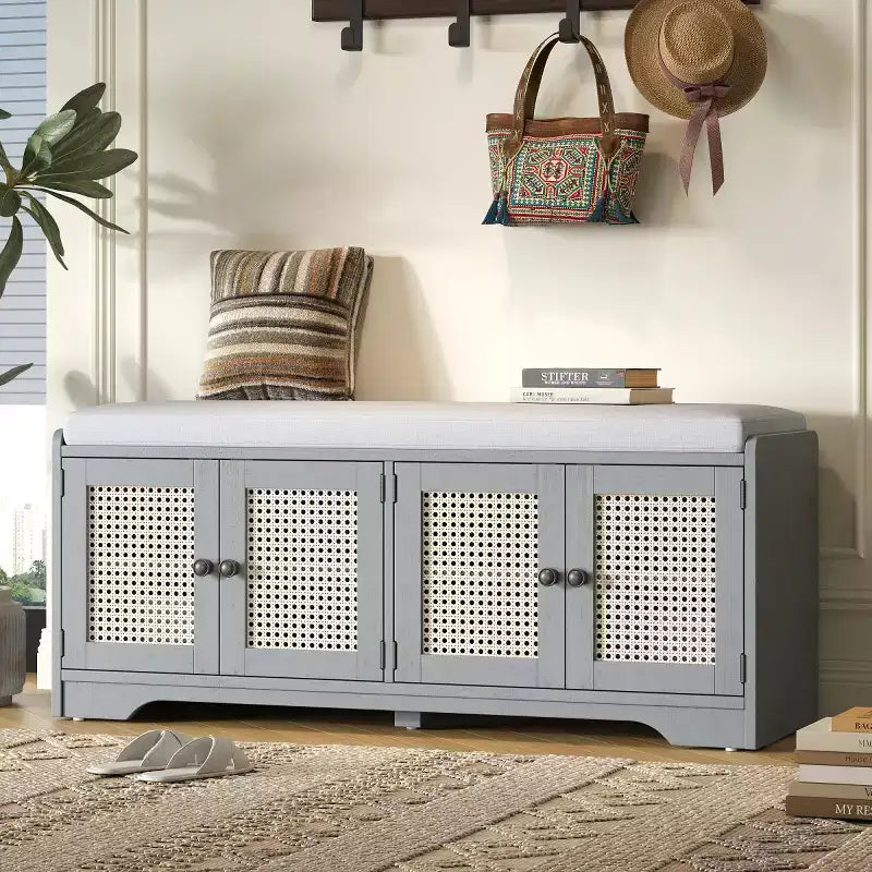 Banc d'entrée rustique en rotin avec rangement, banc à chaussures d'entrée avec coussin amovible pour couloir ou salon-Panipeachy