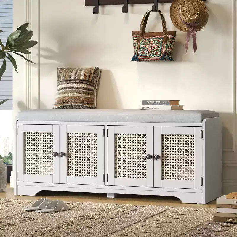 Banc d'entrée rustique en rotin avec rangement, banc à chaussures d'entrée avec coussin amovible pour couloir ou salon-Panipeachy