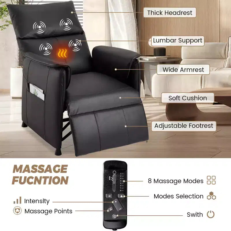 Fauteuil inclinable électrique avec fonction de chauffage et de massage, inclinable simple réglable en cuir PU, siège de cinéma et fauteuil pour salon/bureau