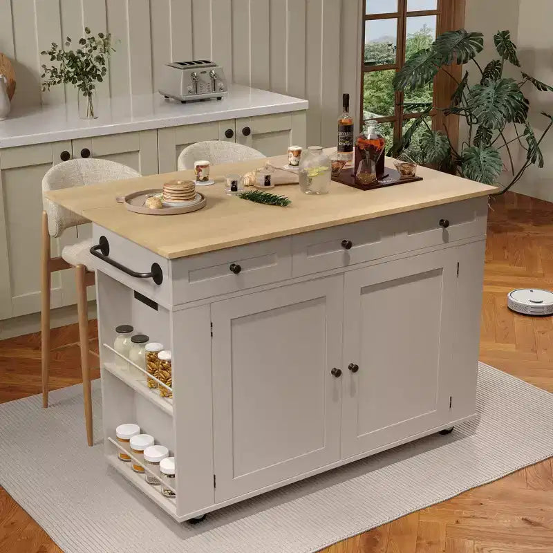 47.2 Isola mobile da cucina con piano d'appoggio ribaltabile, stazione di ricarica, carrello da cucina su ruote con ripiani estraibili, cassetti, portariviste