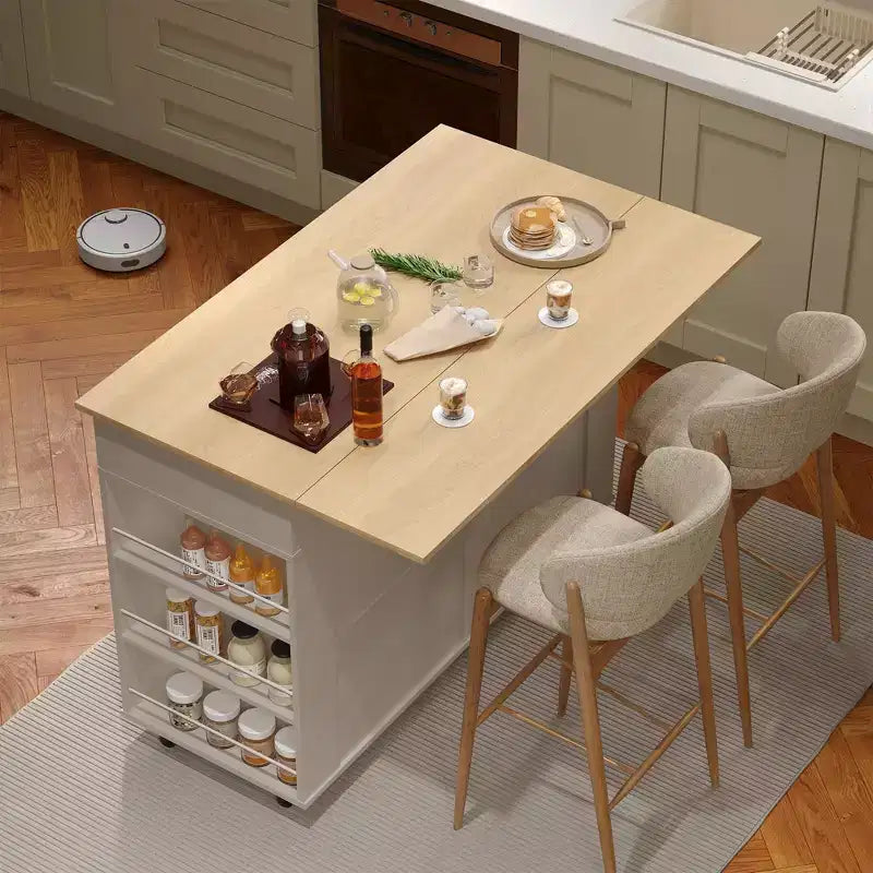 47.2 Isola mobile da cucina con piano d'appoggio ribaltabile, stazione di ricarica, carrello da cucina su ruote con ripiani estraibili, cassetti, portariviste