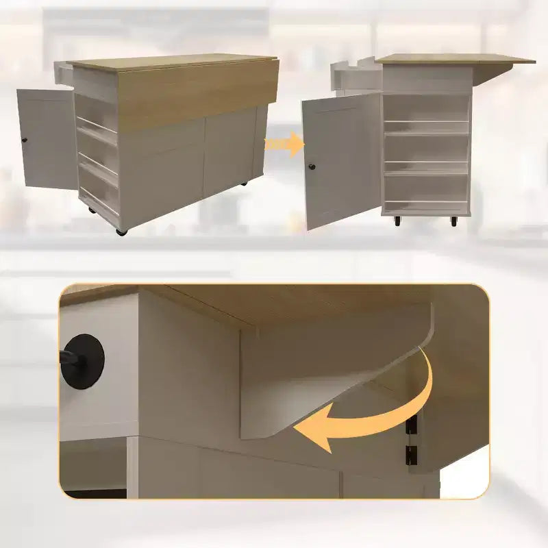 47.2 Isola mobile da cucina con piano d'appoggio ribaltabile, stazione di ricarica, carrello da cucina su ruote con ripiani estraibili, cassetti, portariviste