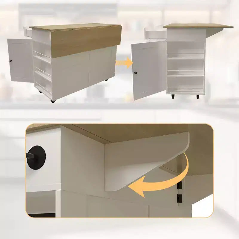 47.2 Isola mobile da cucina con piano d'appoggio ribaltabile, stazione di ricarica, carrello da cucina su ruote con ripiani estraibili, cassetti, portariviste